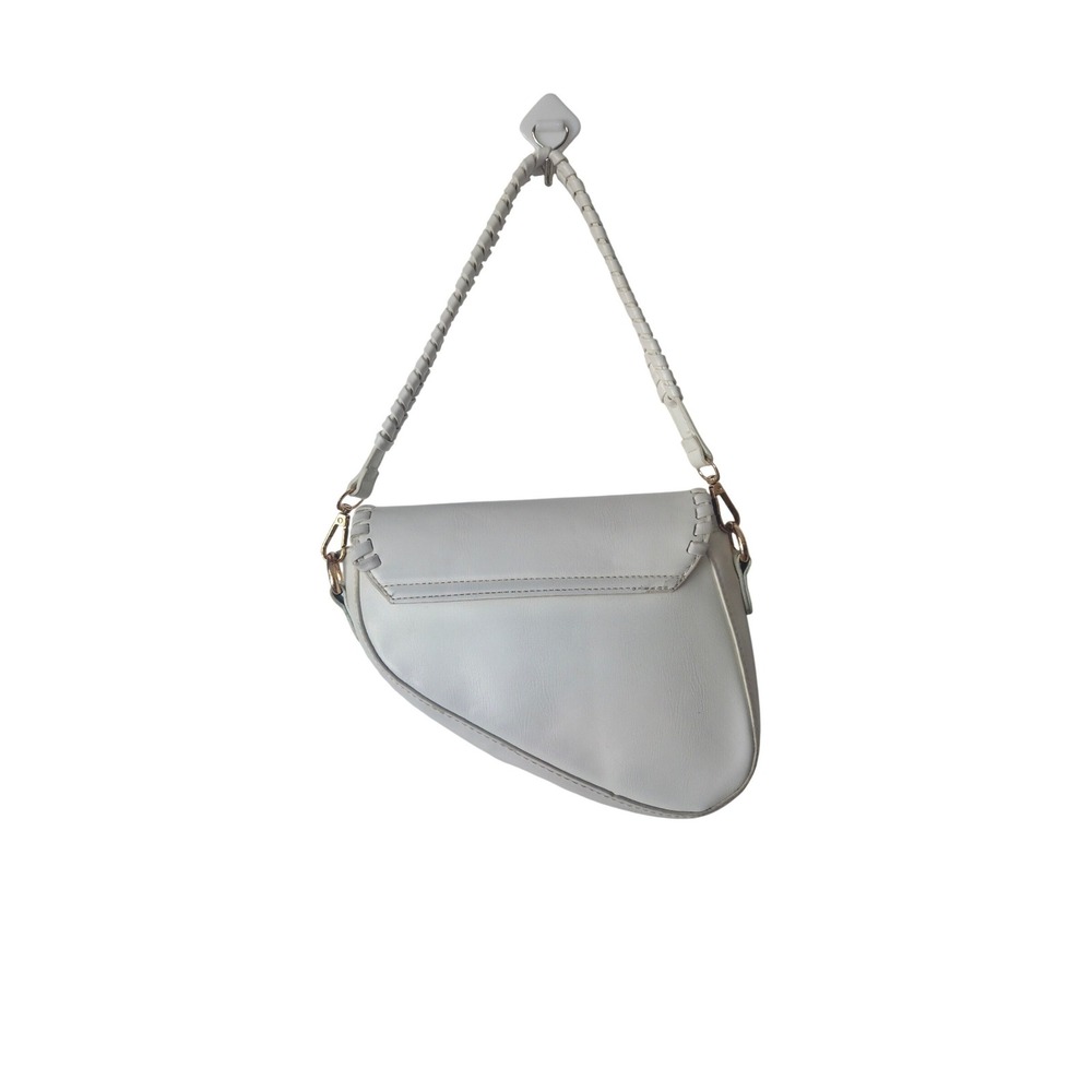White Saddle Bag Shoulder Bag Woven Trim Top Handle - Picture 6 of 8